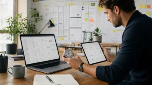 Pourquoi Notion est lent ? Les causes à tester Chef de produit chronométrant un espace de travail chargé et sa vue simplifiée sur deux appareils.