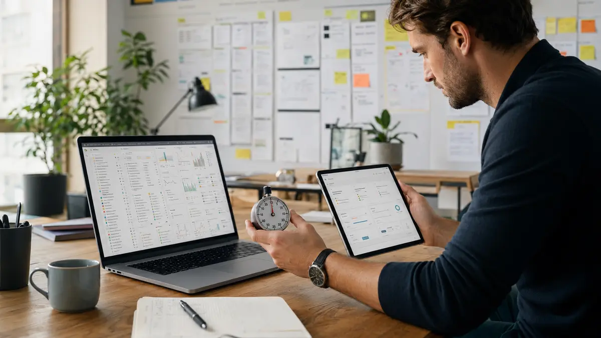 Chef de produit chronométrant un espace de travail chargé et sa vue simplifiée sur deux appareils.