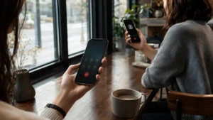 Pourquoi mon numéro apparaît en privé sur iPhone ? Deux personnes testant un appel sortant depuis un smartphone dont l’identité de l’appelant est masquée.