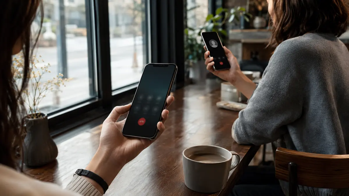 Deux personnes testant un appel sortant depuis un smartphone dont l’identité de l’appelant est masquée.