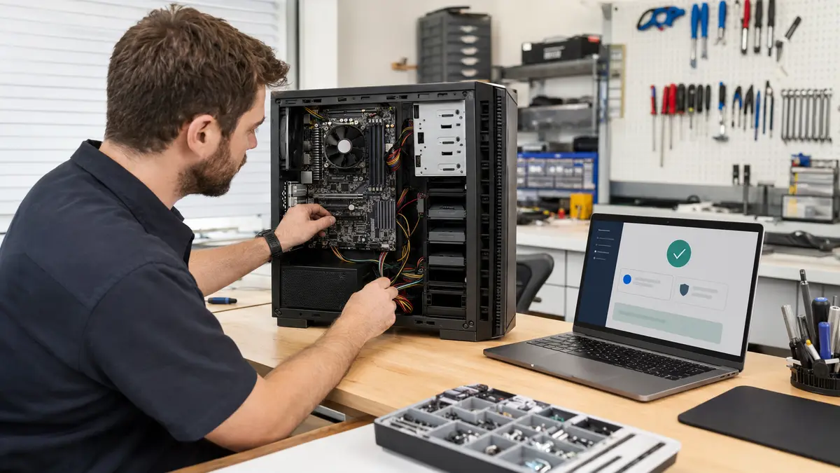 Technicien vérifiant la licence d’un PC après le remplacement de sa carte mère.