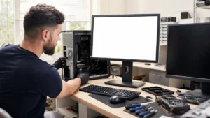 Technicien testant les câbles et la carte graphique d’un ordinateur dont le moniteur reste blanc.