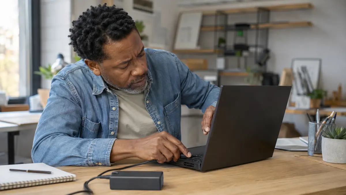 Personne examinant un ordinateur portable qui vient de s’éteindre sur un bureau