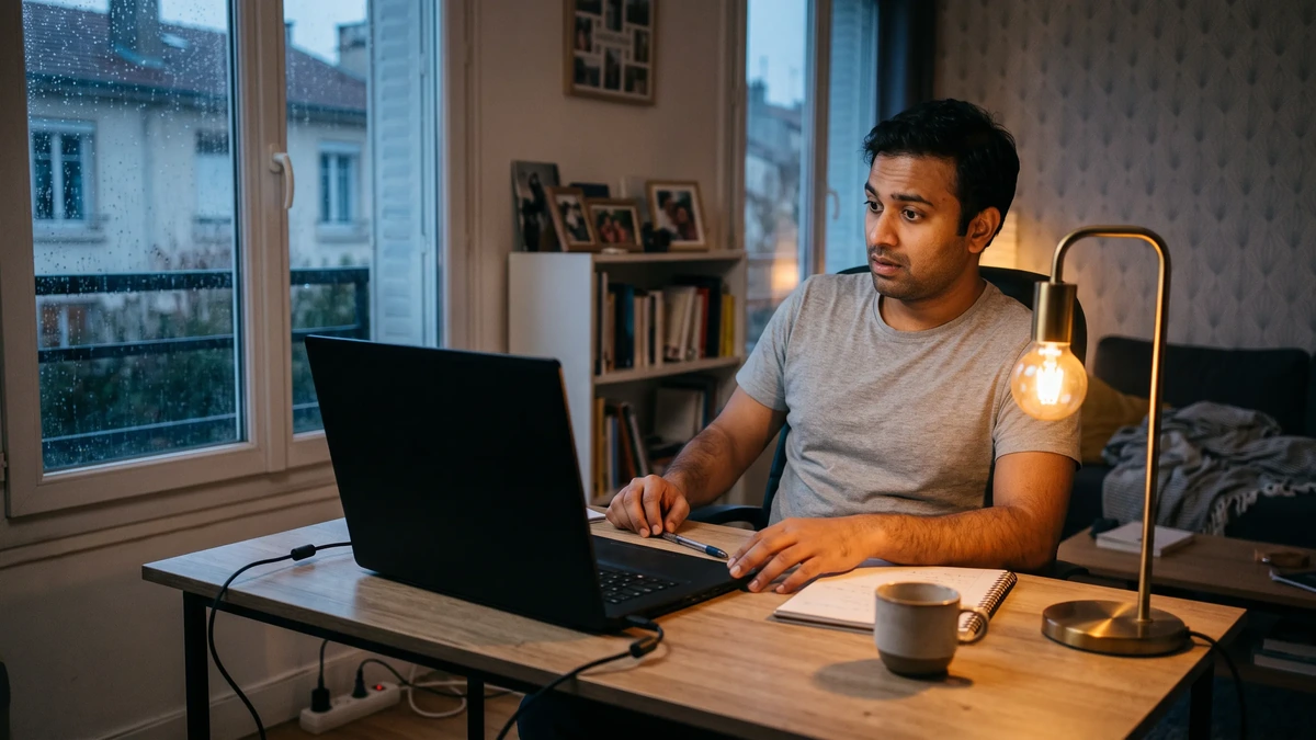 Utilisateur surpris par l’écran noir de son ordinateur portable passé en veille pendant le travail