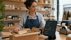 Commerçante vérifiant un paiement PayPal en attente avant de préparer une commande.