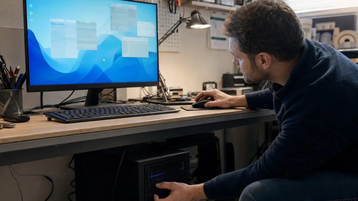 Technicien diagnostiquant un ordinateur figé sous Windows 11.