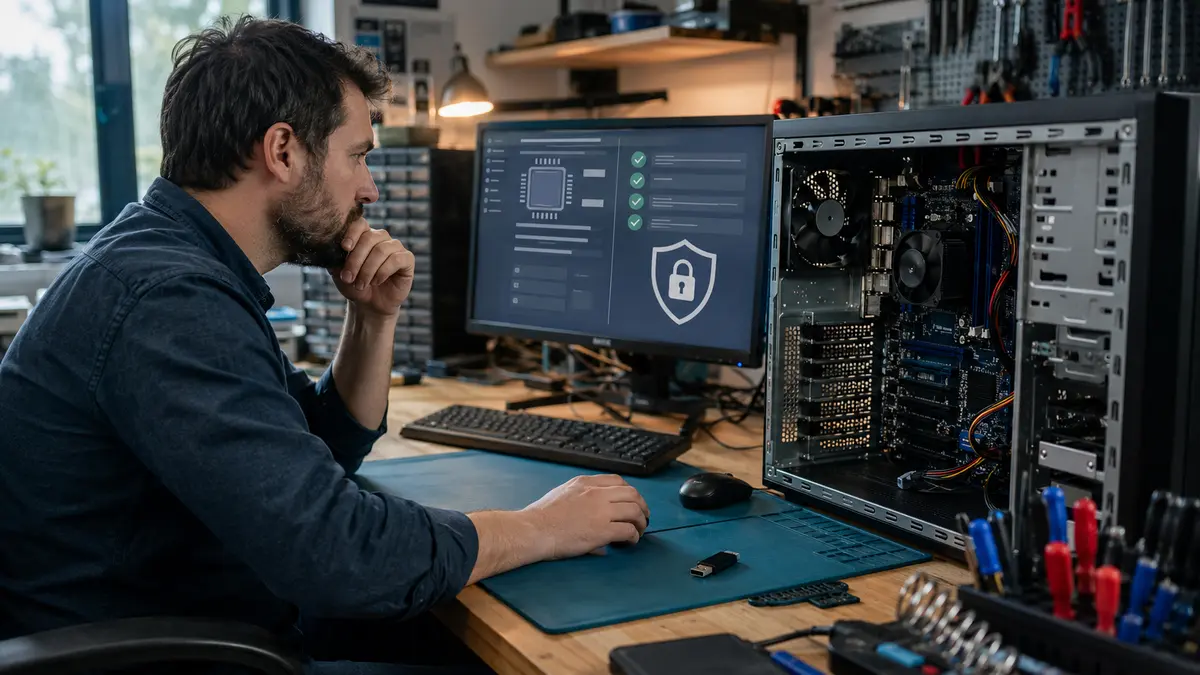 Technicien vérifiant le TPM, l’UEFI et la compatibilité Windows 11 d’un ordinateur de bureau.