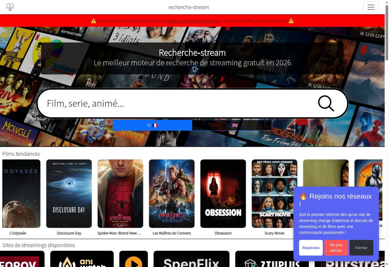 Capture du 25 juillet 2026 montrant le moteur Recherche Stream et sa bannière de nouvelle adresse en .xyz — statut recontrôlé le 1er août 2026