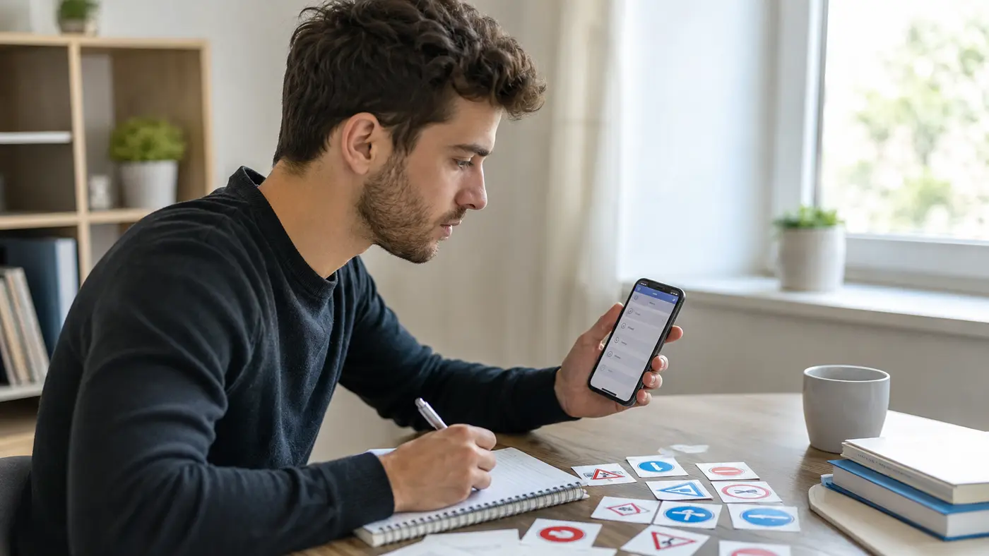Candidat révisant le code de la route avec un quiz en ligne sur smartphone