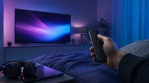 Télécommande devant un écran de télévision dans une ambiance bleue et violette