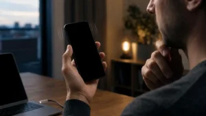 Samsung avec écran noir qui vibre encore dans la main de son utilisateur