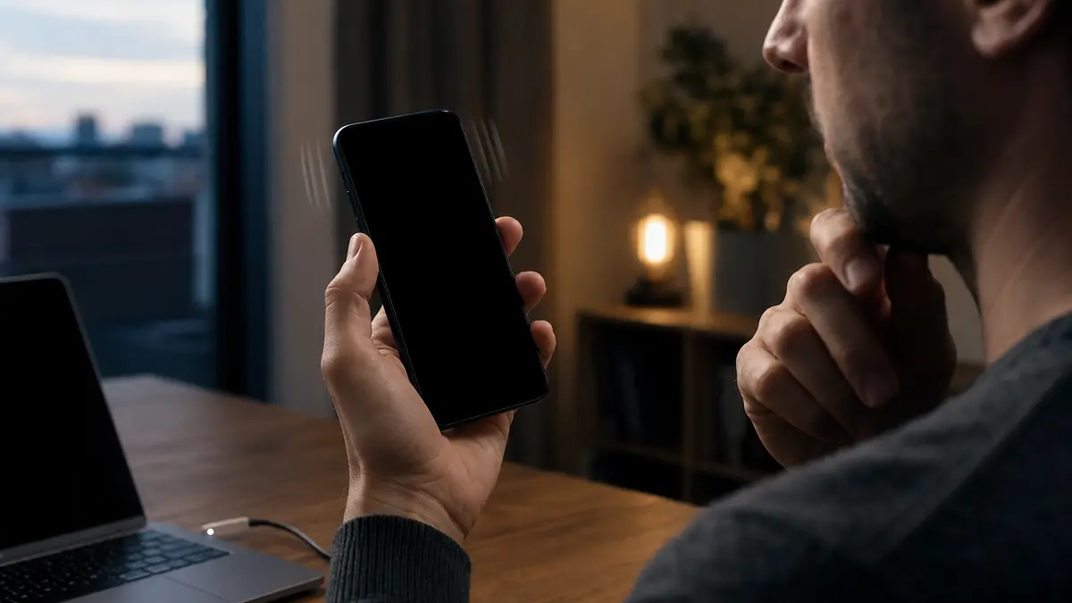 Samsung avec écran noir qui vibre encore dans la main de son utilisateur