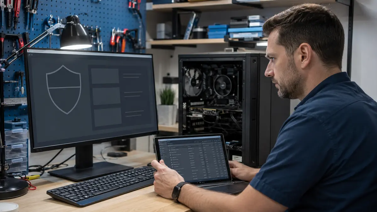 Technicien contrôlant une application de sécurité vide et les services système sur un PC Windows.