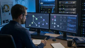 Administrateur analysant le nom, les dates et la chaîne d’un certificat TLS dans une salle serveur.