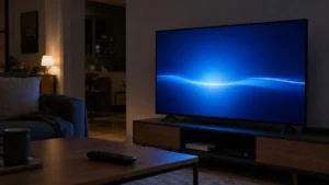 Smart TV allumée seule dans un salon avec télécommande posée sur la table