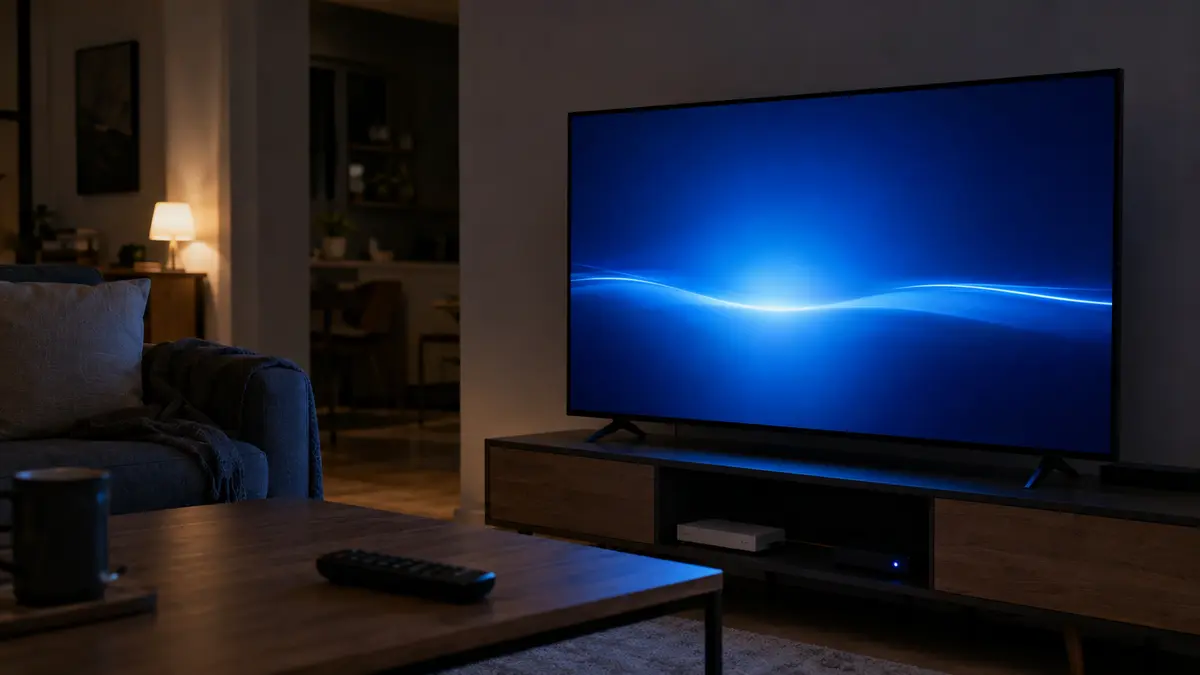 Smart TV allumée seule dans un salon avec télécommande posée sur la table