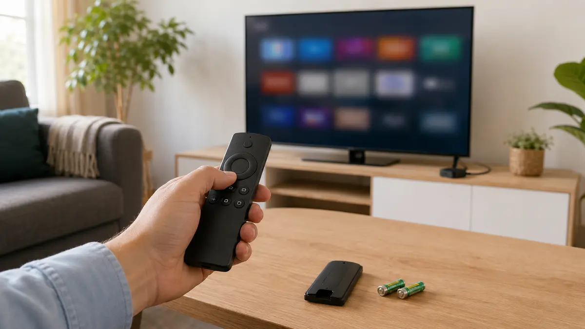 Main tenant une télécommande de streaming sans marque devant un téléviseur dans un salon
