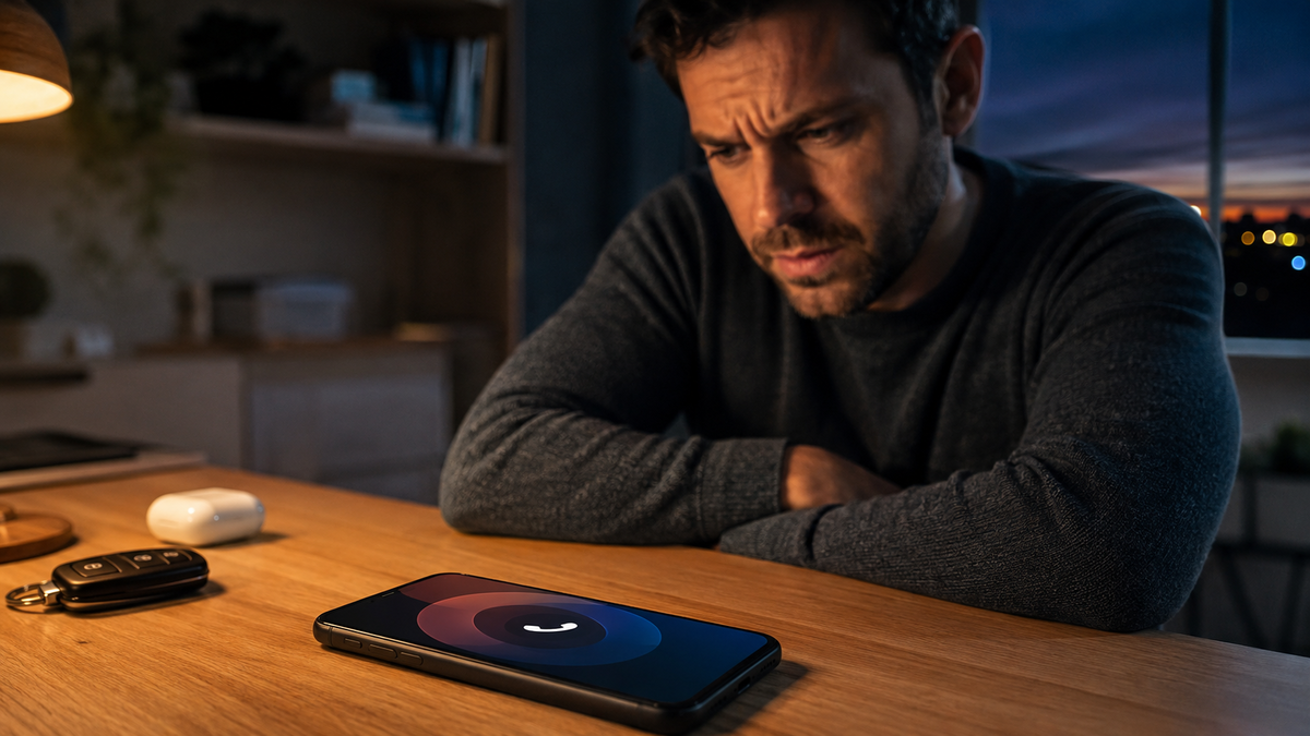 Utilisateur observant un smartphone qui semble avoir lancé un appel tout seul