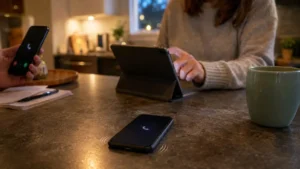 Téléphone vibrant sans écran d’appel entrant pendant que sa propriétaire contrôle les notifications.