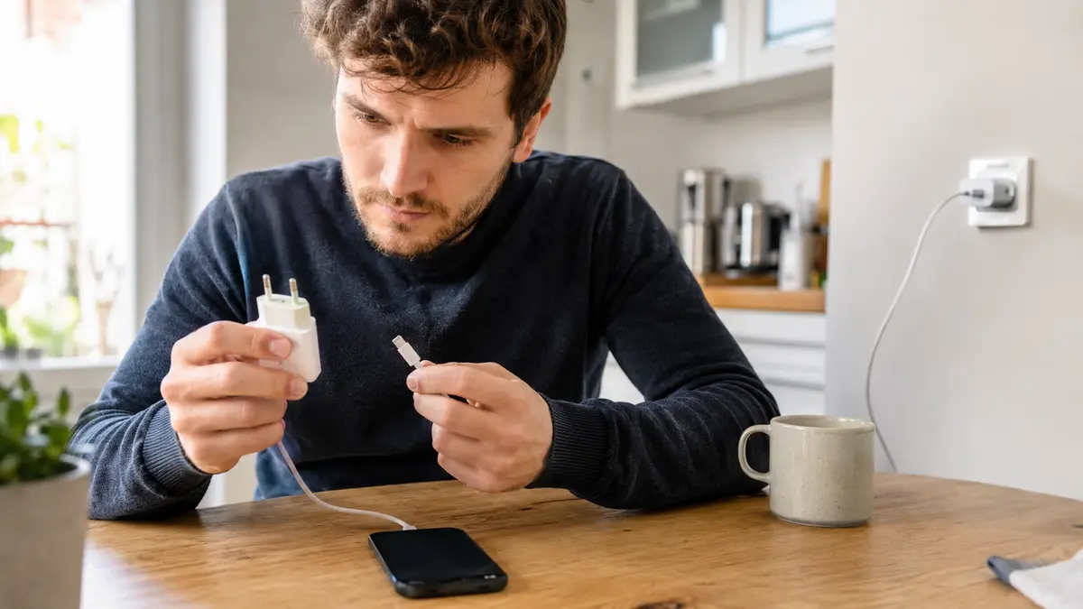 Personne vérifiant la charge lente d’un smartphone branché à une prise murale