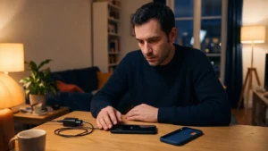 Utilisateur regardant un smartphone générique redémarrer tout seul sur une table