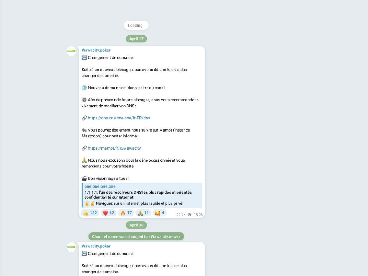 Capture du canal Telegram @Wawacityofficiel montrant les annonces de changement de domaine
