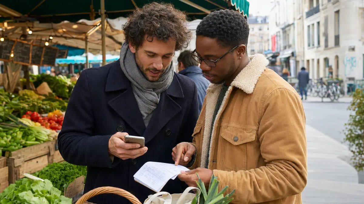 Deux amis vérifiant le montant d’un remboursement mobile sur un marché avant validation.