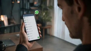 Homme consultant WhatsApp après une notification sans message visible