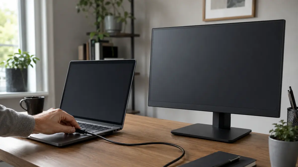Ordinateur portable Windows relié à un deuxième écran noir sur un bureau, illustration d’un problème de détection