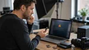 Photographe interrompant une demande de formatage avant de diagnostiquer une clé USB contenant ses fichiers.