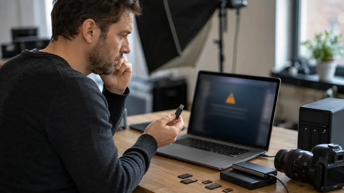 Photographe interrompant une demande de formatage avant de diagnostiquer une clé USB contenant ses fichiers.