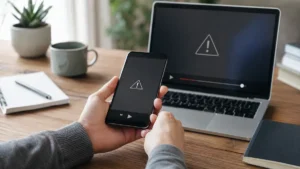 Smartphone affichant une vidéo interrompue à côté d’un ordinateur portable, illustration d’une erreur serveur YouTube 400