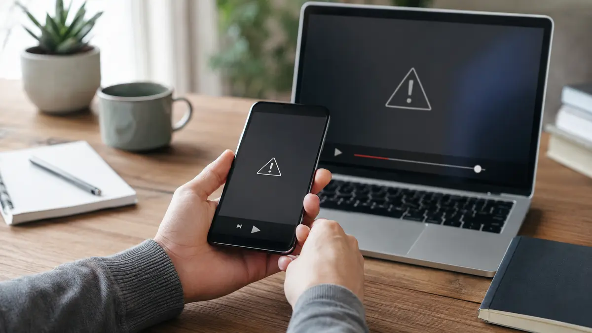 Smartphone affichant une vidéo interrompue à côté d’un ordinateur portable, illustration d’une erreur serveur YouTube 400