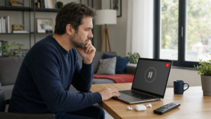 Homme devant une vidéo YouTube mise en pause sur un ordinateur portable