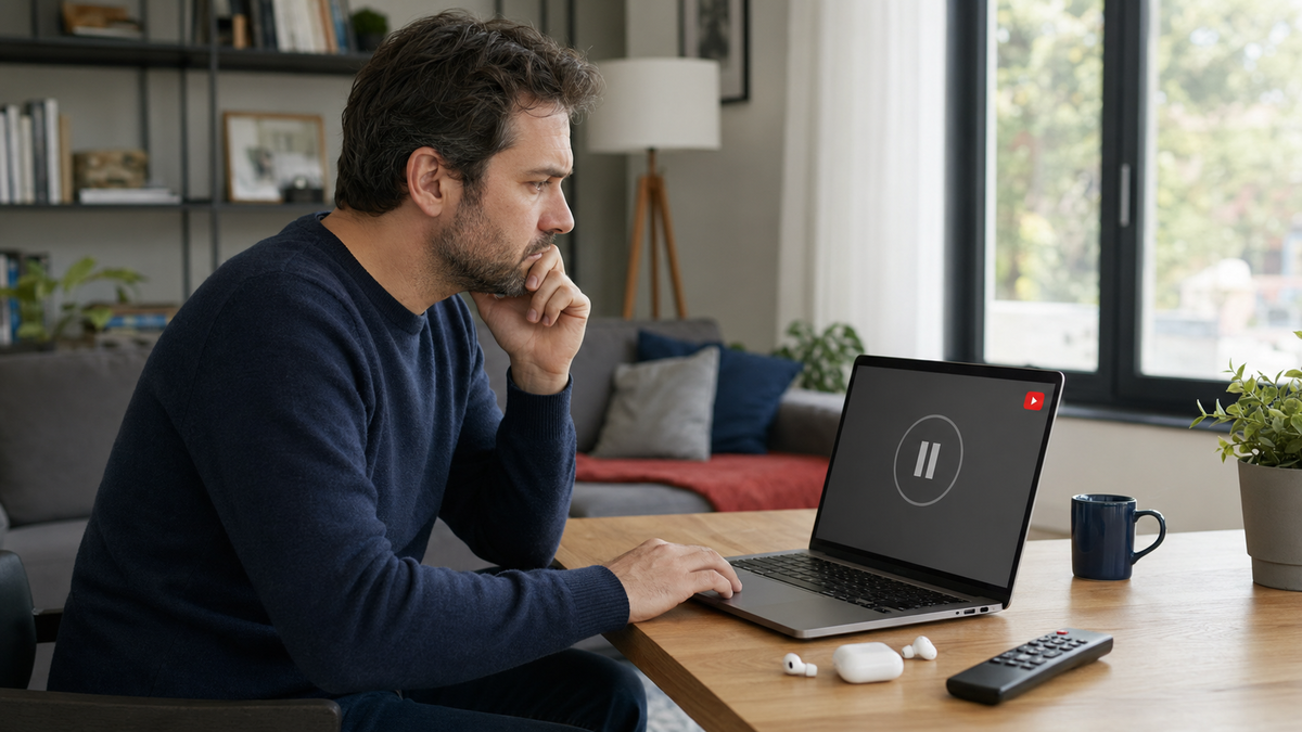 Homme devant une vidéo YouTube mise en pause sur un ordinateur portable