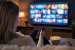 Personne parcourant un catalogue de streaming sur une télévision – Avobiv