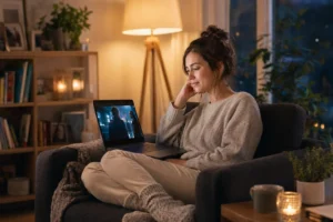 Femme regardant un film en streaming sur un ordinateur portable – Uzirov