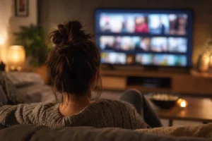 Personne regardant un catalogue de streaming sur une télévision – Vatrab