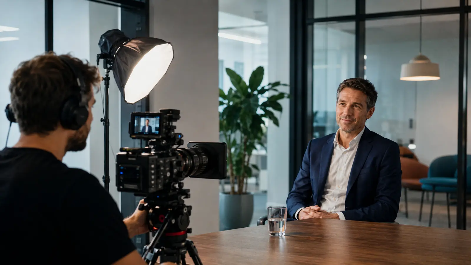 Équipe vidéo filmant une interview professionnelle dans un bureau