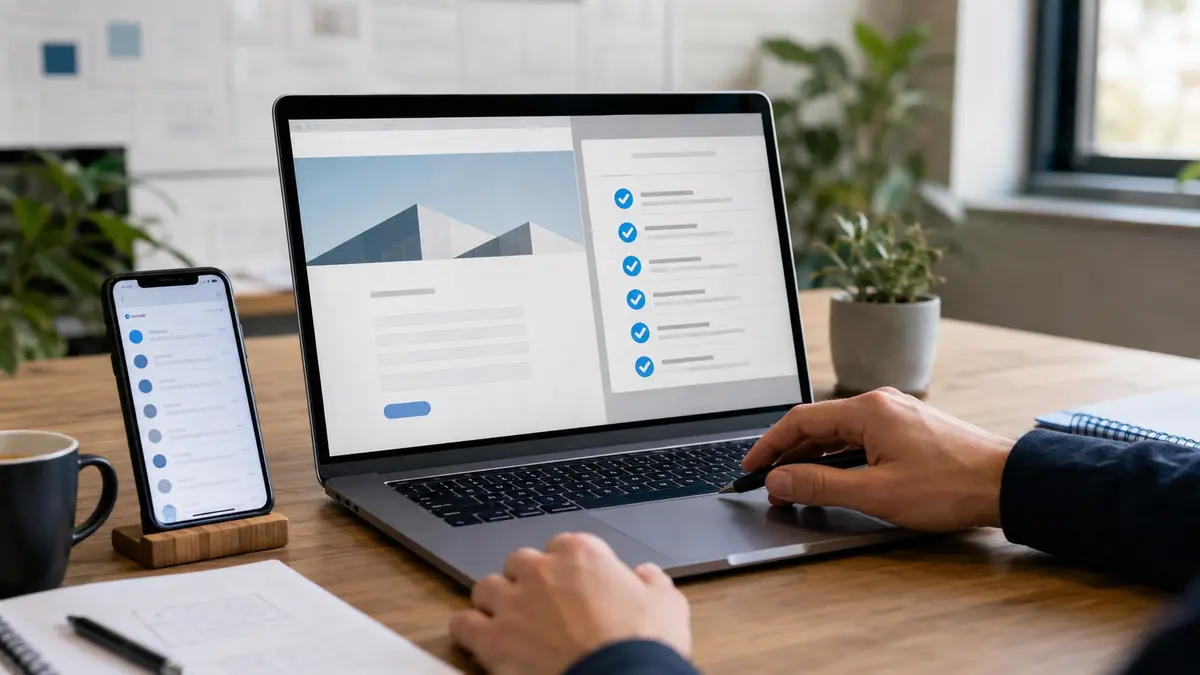 Professionnel vérifiant les emails et le formulaire avant la mise en ligne d’un site client