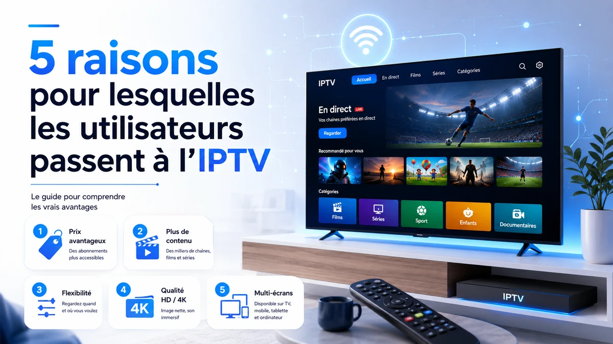 Téléviseur affichant une interface IPTV et cinq avantages du service