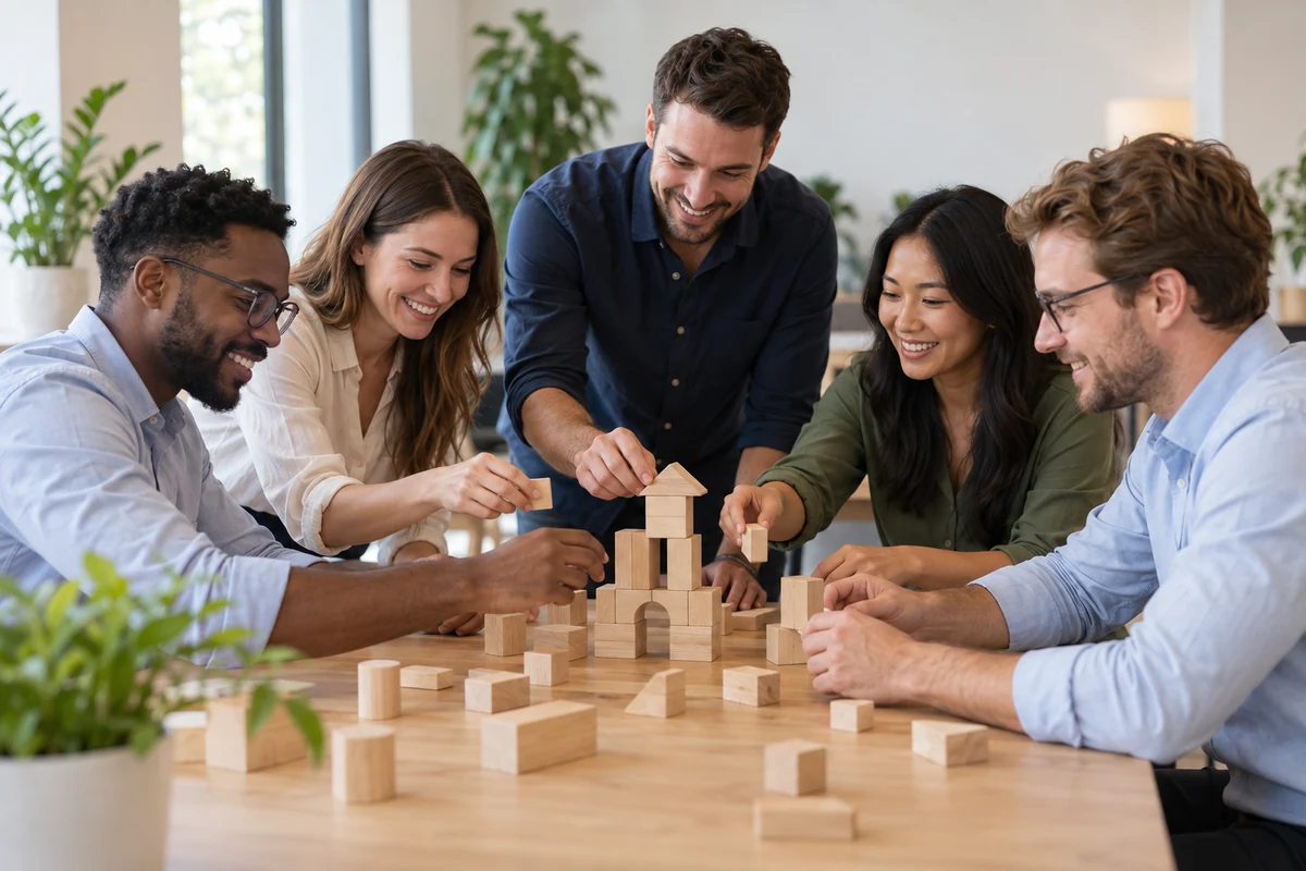 Équipe participant à une activité incentive collaborative autour d’un défi de construction