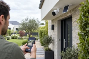 Caméra extérieure sans fil installée sous l’avancée d’une maison avec panneau solaire