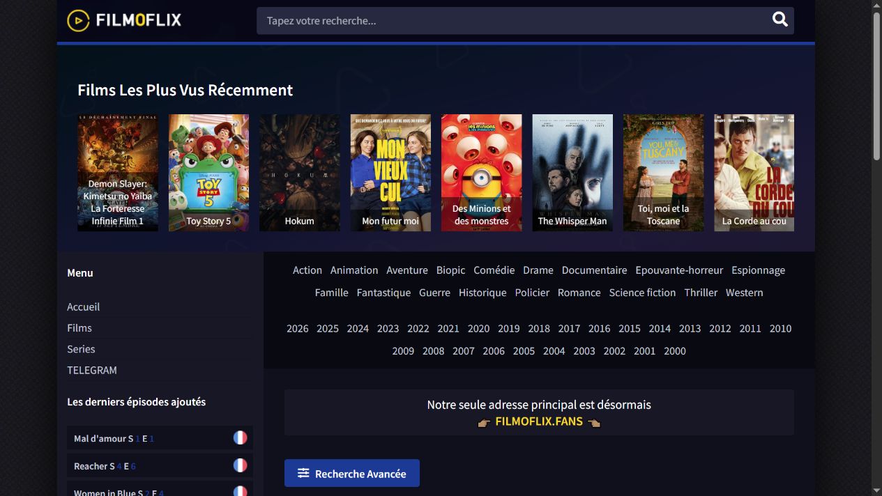 Catalogue Filmoflix visible sur filmoflixi.online le 2 septembre 2026