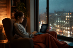 Jeune femme dans un fauteuil regardant du streaming sur son ordinateur portable