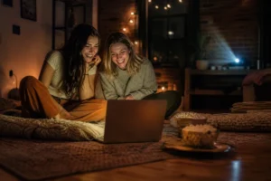 Daborak devient Vombam : nouvelle adresse en septembre 2026 Jeune femme dans un fauteuil regardant du streaming sur son ordinateur portable