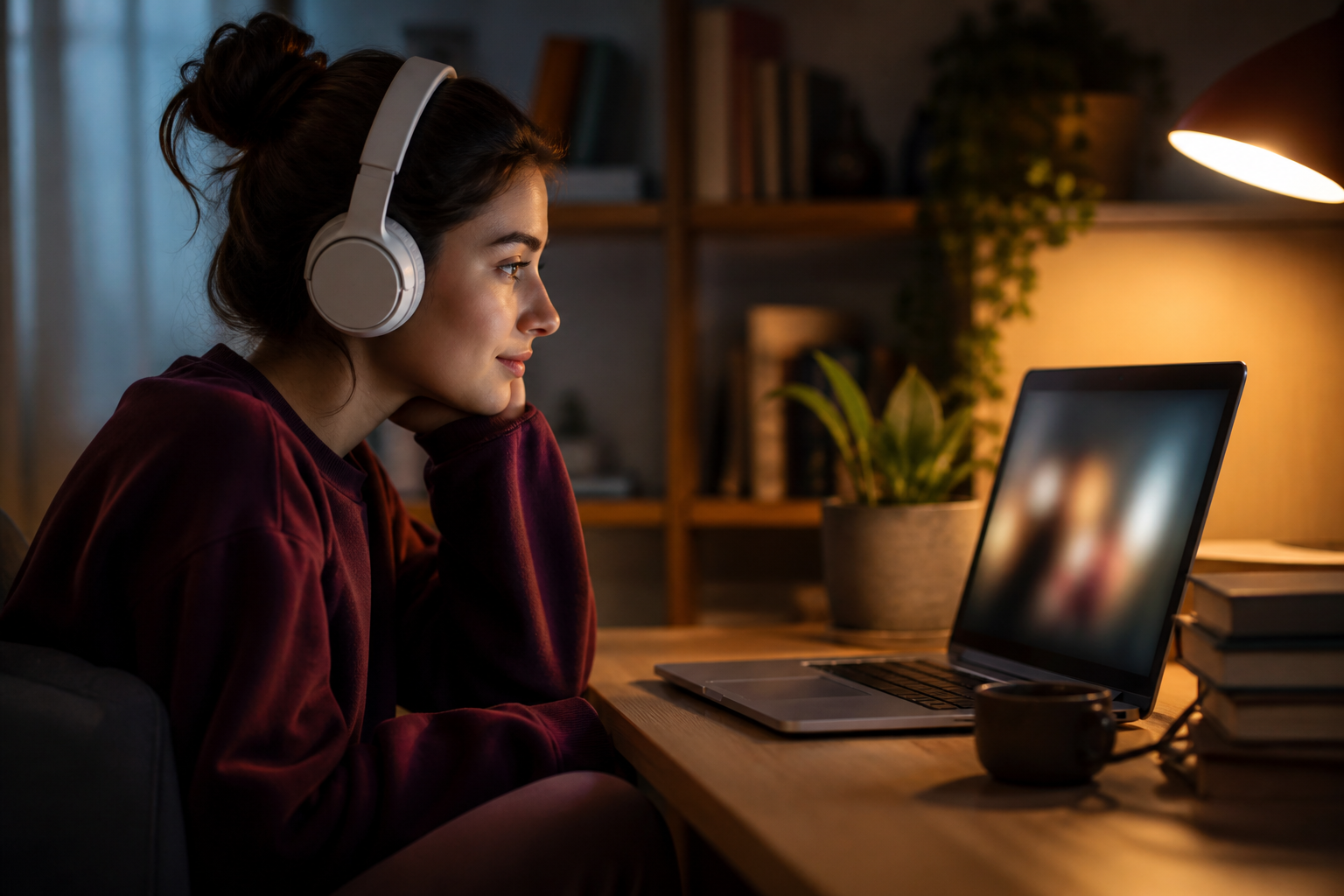 Jeune femme avec un casque regardant du streaming sur son ordinateur portable