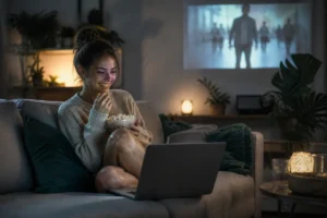 Dokmov devient Fadbiv : nouvelle adresse en septembre 2026 Jeune femme avec un casque regardant du streaming sur son ordinateur portable