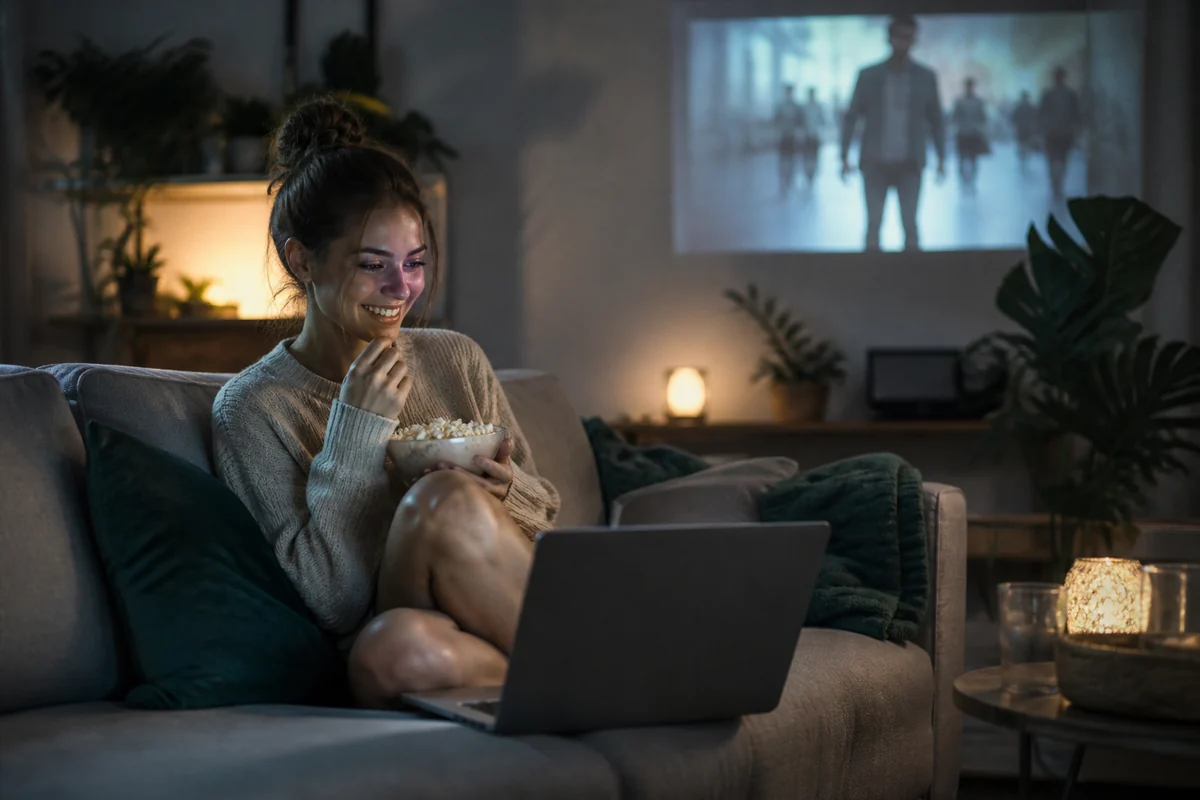 Jeune femme avec un casque regardant du streaming sur son ordinateur portable