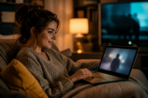 Jeune femme regardant une plateforme de streaming sur son ordinateur portable